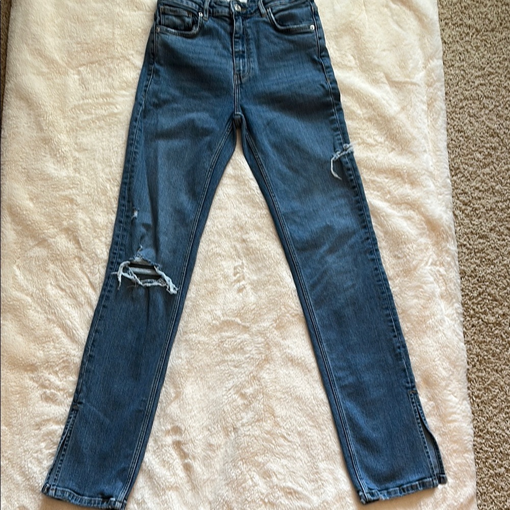 Zara Blue Straight Leg Jeans with Distressed Details
